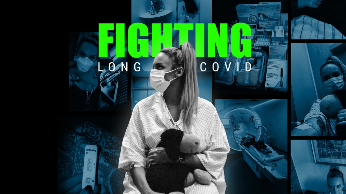 Eine Frau im OP-Hemd und mit OP-Maske, darauf der Schriftzug "Fighting Long Covid"